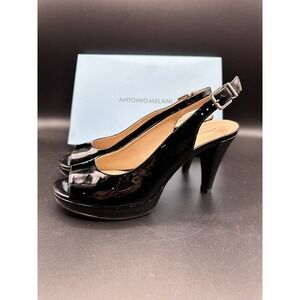 ANTONIO MELANI "Haleen" Black‎ Patent Leather Peep Toe Sling Back Sandals 8.5M